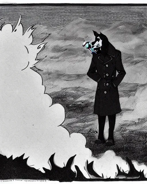 Image similar to a fox in a black trench - coat, smoking a cigarette in front of a huge explosion in the middle of a war, style of anime