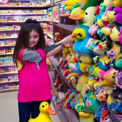 Prompt: A young girl hugging a huge duck plushie in a toy store, award winning photo