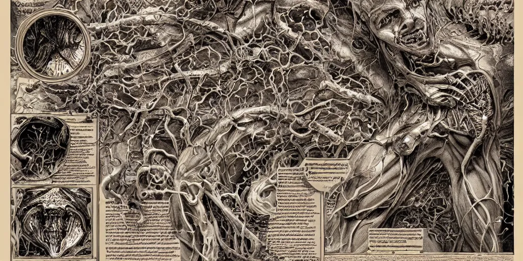 Image similar to highly detailed labeled medical anatomy poster of a eldritch god, poster paper with notes, well - lit, ray tracing, detailed, mechanism, forbidden - knowledge, intricate details, gold and silver ink, by kentaro miura, marco bucci