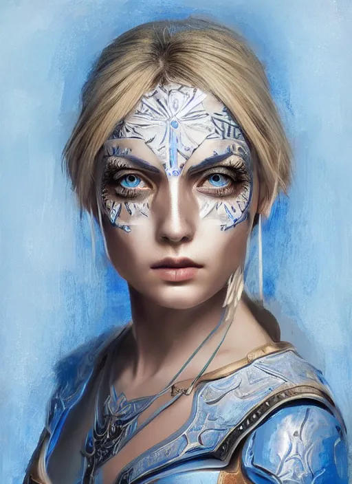 Prompt: full - body portrait of slavic young woman warrior, front, symmetrical, extremely detailed face, blue war paintings on face, beautiful face, short blonde hair, blue eyes, digital painting, true anatomy, behance frm 4 6, art by evgeny zubkov