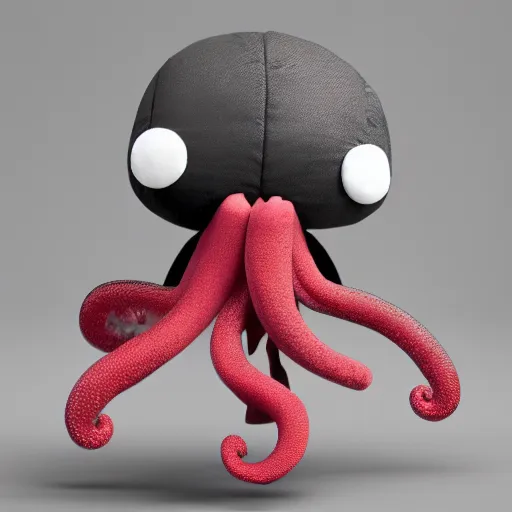 Image similar to cute fumo plush of a boy with a tentacle monster in his backpack sticking out its head, black and white, vray