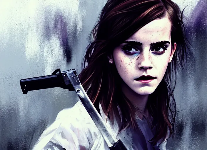 Prompt: emma watson white dress girl chasing from crazy grim reaper, holding a gun, messy hair, messy lines, scared face, beautiful and aesthetic and attractive, dramatic situation, specular reflection, occlusion shadow, intricate, bokeh, by ilya kuvshinov and jeremy lipking and quentin mabille