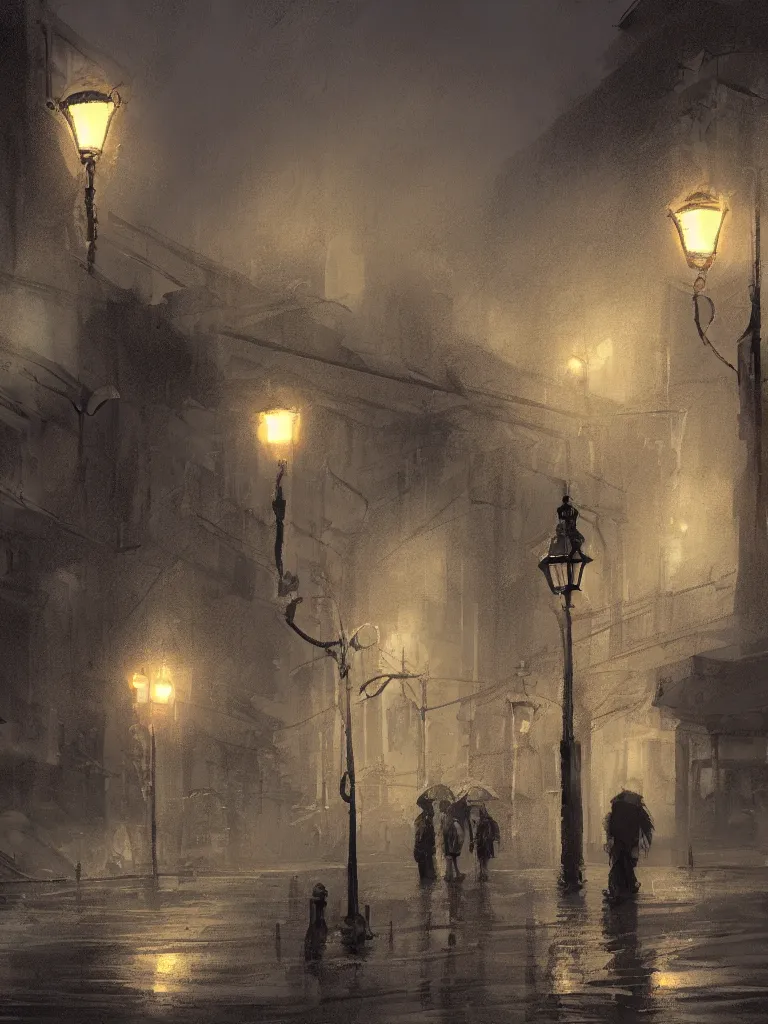 Image similar to street lamps shining though the rain by disney concept artists, blunt borders, rule of thirds