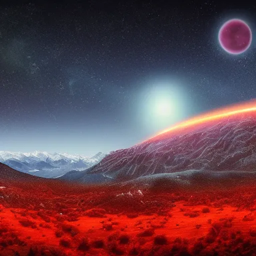 Image similar to A heavily-forested valley surrounded by snow-capped mountains at night, a red nebula and orange gas giant with rings in the sky, no clouds, sci-fi, photorealistic, landscape