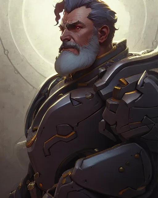 Prompt: reinhardt from overwatch, character portrait, concept art, intricate details, highly detailed by greg rutkowski, michael whelan and gustave dore