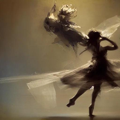 Image similar to painting of a beautiful Harpey, dancing on a cloud, by Jeremy Mann and Jason Jenicke, detailed, stylized, loose brush strokes, intricate, realistic, exaggerated lighting, sense of scale, ferocious, sensual