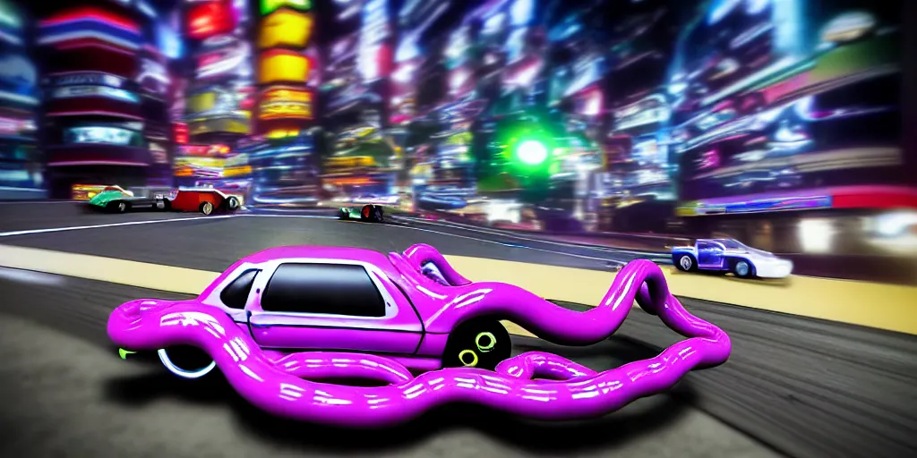 Image similar to anthropomorphic JZX100 twin turbo drift jet engine monster truck drag racer cowboy Cadillac hover-car UFO with cowboy snake facial features speeding in the road, Tokyo prefecture, Japanese architecture, city sunset mist lights, cinematic lighting, photorealistic, detailed alloy wheels, highly detailed purple green snake oil wacky races power ranger bat-mobile transformer car