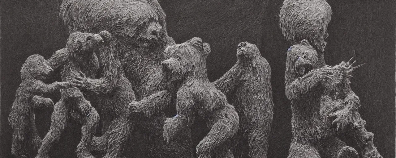 Image similar to teddy bear performance of macbeth, from the terrifying and incomprehensible beyond, body horror, by gerard brom, zdzisław beksinski and ansel adams