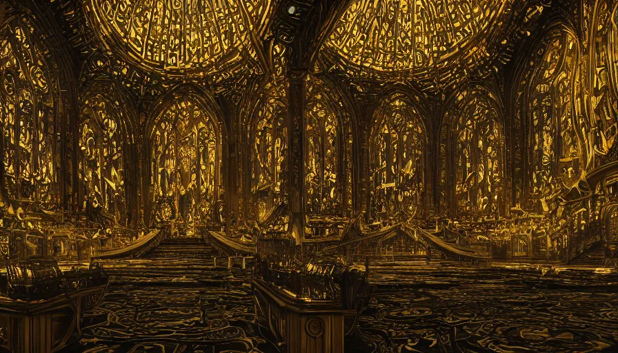 Image similar to Interior of a black and gold church, hyperdetailed, artstation, cgsociety, 8k