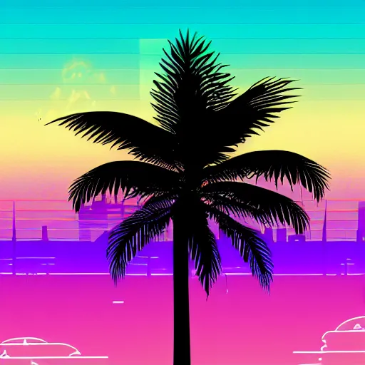 Image similar to retro vaporwave sunset skyline grid palm trees purple and pink bing chilling