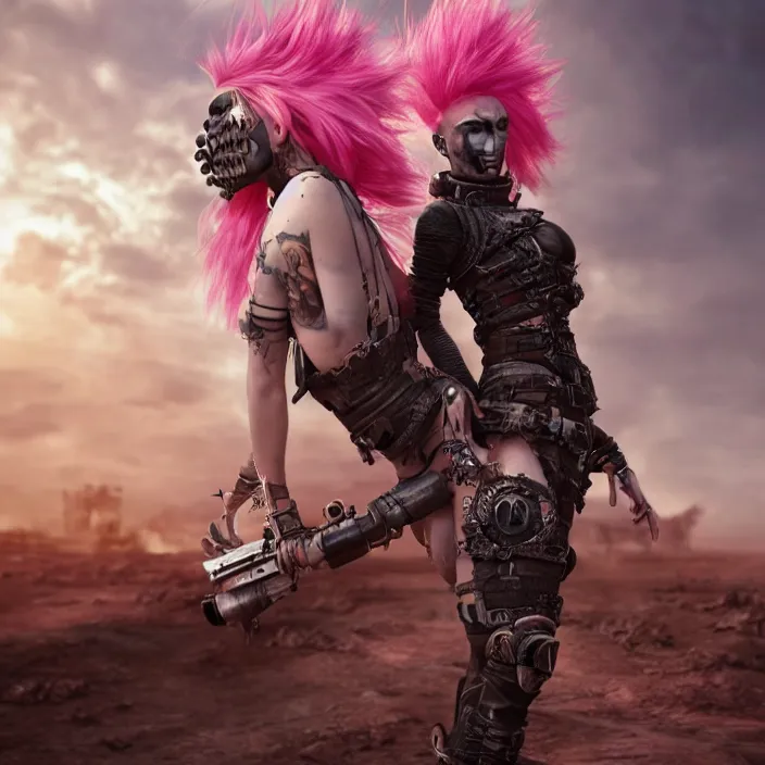 Image similar to beautiful apocalyptic woman with pink Mohawk, standing on mad max panzer tank, 4k ultra hd, fantasy dark art, tank girl, artstation, octane render, elegant, detailed digital painting