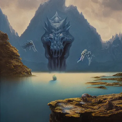 Image similar to slime monster in the lake, matte painting, detailed, elden ring, oil on canvas