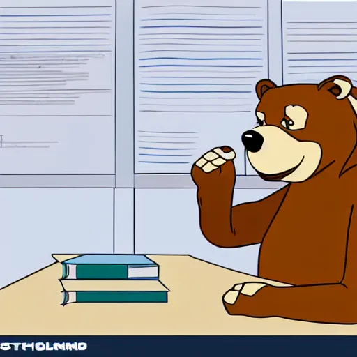 Image similar to bored bear at office, head leaning on paw with elbow on table, piles of paperwork, disney animation style