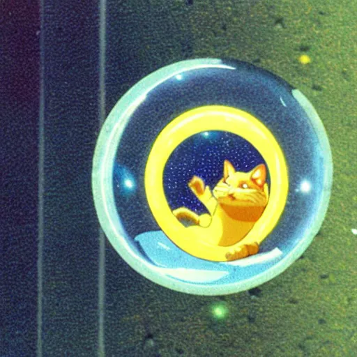 Prompt: a cat peeks out of a circular bubble window, 1 9 9 0 s anime, animation cel, kawaii, soft glow, studio ghibli, grainy