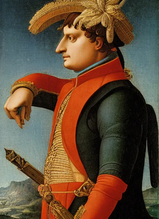 Image similar to grandiose epic renaissance portrait of napoleon bonaparte, french emperor, detailed painting by boticelli, leonardo davinci, francois gerard and jacques louis david