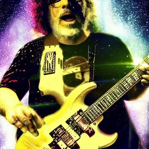 Image similar to a Jerry Garcia guitarist playing so intensely there is electricity shooting out from his guitar, energy beams under his finger tips, and magic sparkles from the freboard, amazing ditial art, trending on artstation, featured on deviantart