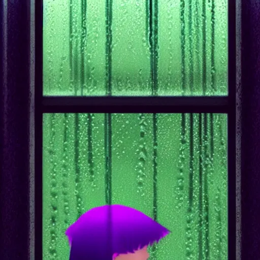 Prompt: raindrops on a pane of glass, green and purple hair, sad - girl, night, photorealistic, nighttime, lots of raindrops on glass, rain!!!, rainy, showers, city light reflections, cyberpunk