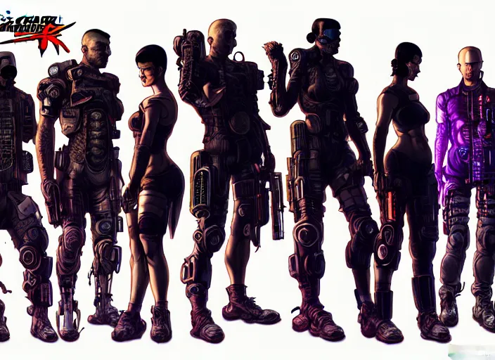 Image similar to cyberpunk blackops samurai squad. portrait by stonehouse and mœbius and will eisner and gil elvgren and pixar. character design. realistic proportions. cyberpunk 2 0 7 7 character art, blade runner 2 0 4 9 concept art. cel shading. attractive face. thick lines. the team. diverse characters. artstationhq.