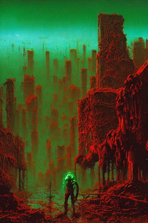 Image similar to glowing green alien crystals irradiating zombie infested city, orange and red wasteland, survival post - apocalyptic, ruined tanks, beksinski, dark sci - fi