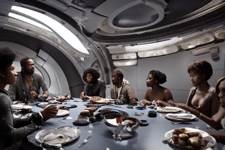 Image similar to movie diverse interracial team of European sci-fi futuristic space explorers talking at the table in a spaceship, beautiful skin, Symmetrical faces. Beautiful lighting by Emmanuel Lubezki