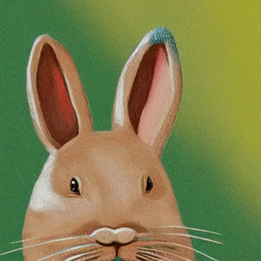 Image similar to detailed paint of a cute beige rabbit with cat's paws and cat's muzzle, big green eyes, long tail and long floppy ears