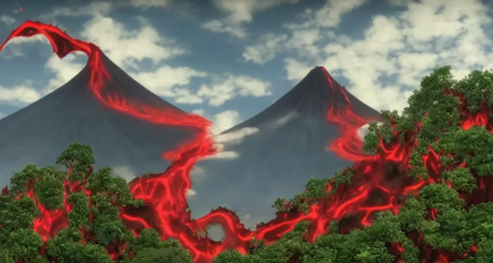 Image similar to a volcano made of ivory vines and crimson rocks enters in eruption, it spits a smoke in the shape of demonic eye, by Wit Studio