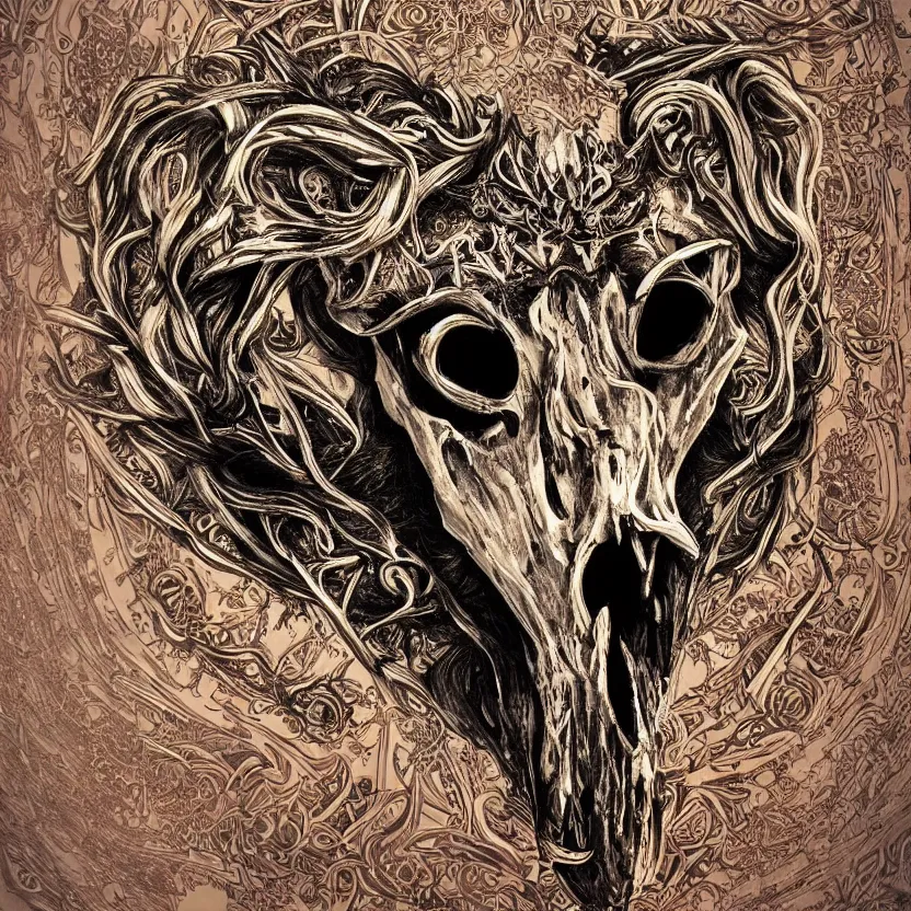 Prompt: photo of wolf skull on bones, dramatic lighting, circural, golden ornaments, symmetric, intricate skeletal decorations, symmetry, highly detailed, concept art, black, glimpse of red, white, gold layers, centered, style of nekroxiii, hyperrealistic, black background, smoke