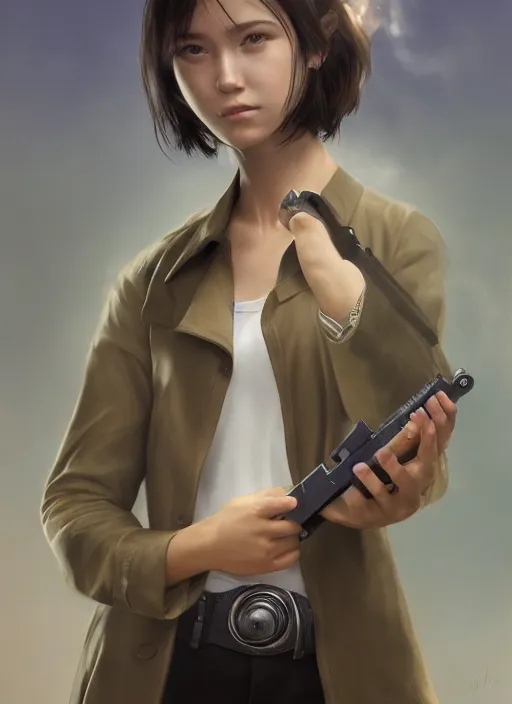 Image similar to upper body portrait of a young girl from final fantasy live action, with short black hair and green eyes in a tan trenchcoat over a white shirt, holding a gun, award winning, masterpiece digital painting by greg rutkowski, alex grey, artstation, 4 k wallpaper,