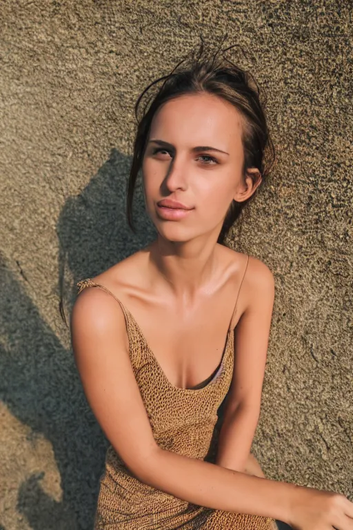 Prompt: olive skinned female model in her twenties, wearing sundress, looking content, focused on her neck, photo realistic, extreme detail skin, natural beauty, no filter, slr, golden hour, 4 k, high definition, selfie