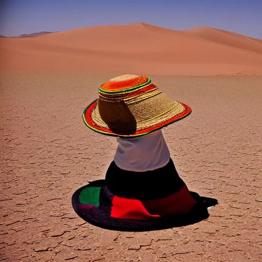 Image similar to photo taken on a pentax a cat witn a sombrero on his head, who riding on top of a donkev. thev in the middle of the sahara dessert.