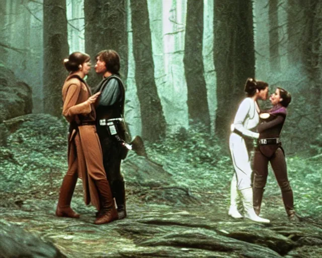 Image similar to luke skywalker, princess leia and han solo hugging and kissing in the forest of endor at the end of return of the jedi, faster, more intense, dolby stereo