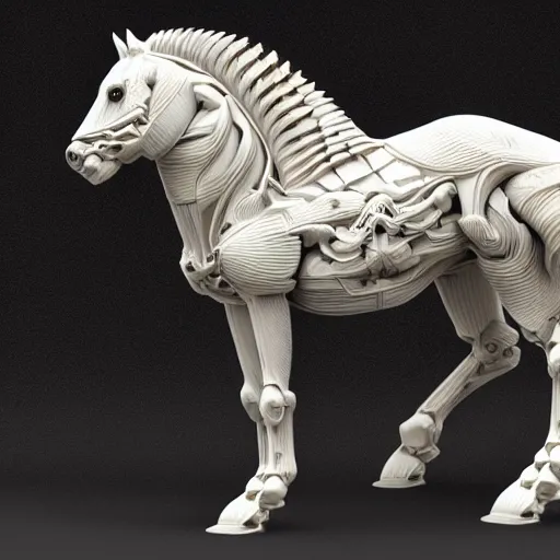 Image similar to biomechanical horse made of marble, fractal 3 d structure, intricate details, octane render