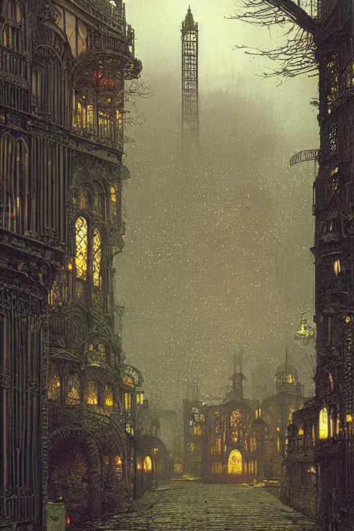 Image similar to beautiful matte steampunk landscape of pipe dreams by john atkinson grimshaw