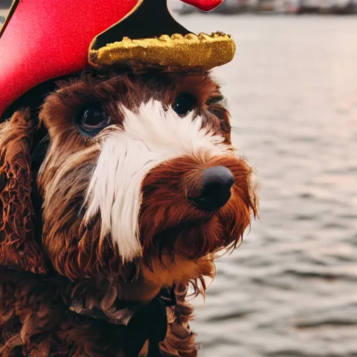 Prompt: A Photo of a cockapoo dressed as a pirate in Vancouver, BC, golden hour, 55mm