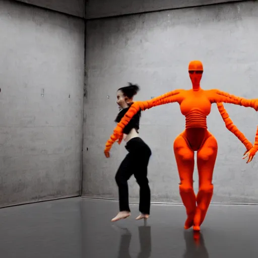 Prompt: photo of contemporary dancers, dancing around an orange kuka servo robot, in uy studio clothing, inside berghain berlin, lowlight, photorealistic, 8 k