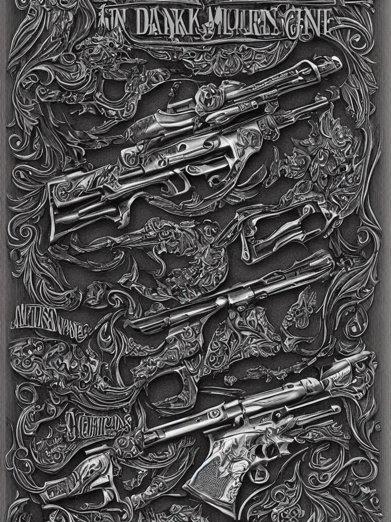 Image similar to carving in dark black steel of machine guns shotguns rifles revolvers bullets, dark vintage paperback cover, ultrarealistic, intricate details, 4k