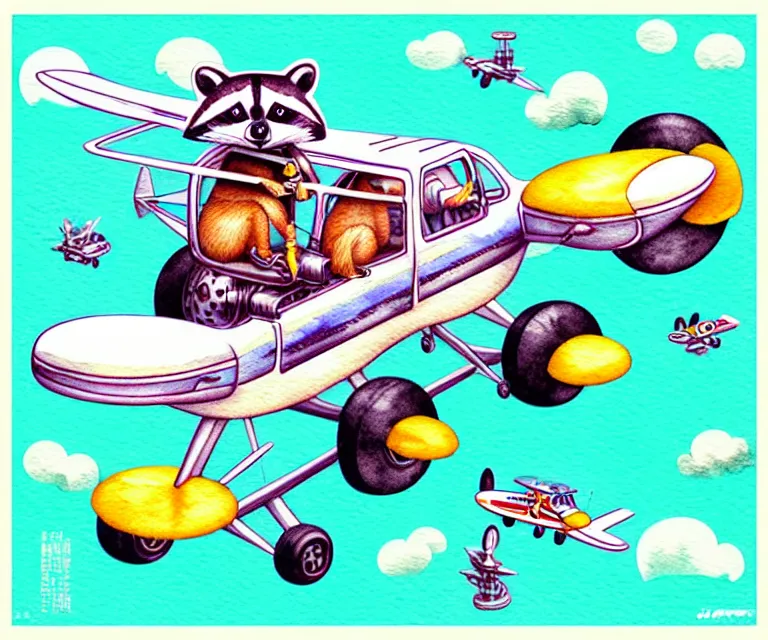 Prompt: cute and funny, racoon riding in a tiny airplane with oversized engines, ratfink style by ed roth, centered award winning watercolor pen illustration, isometric illustration by chihiro iwasaki, edited by range murata, tiny details by artgerm and watercolor girl, symmetrically isometrically centered