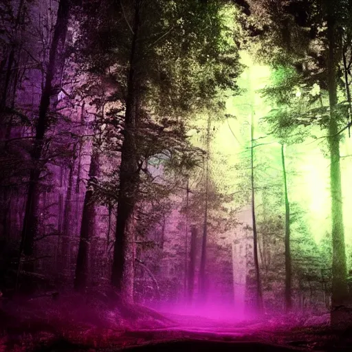 Image similar to purple portal inside the dark forest, glowing, vibe, unsettling atmosphere, stressfull, cinematic, epic, high detail