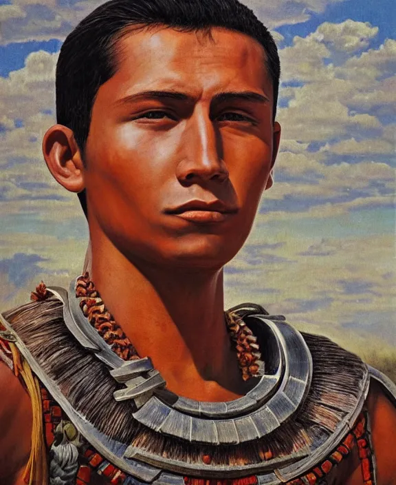 Image similar to portrait of a handsome young mayan warrior in yucatan, art by denys tsiperko and franz xaver kosler and bogdan rezunenko, hyperrealism