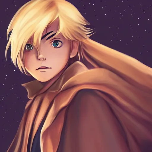 Prompt: blonde boy with glowing eyes wearing a brown cape and flying, in the style of studio ghibli, artgerm