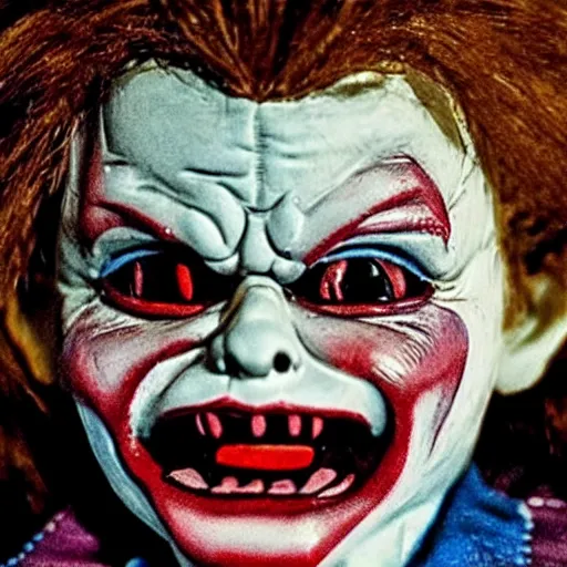 Image similar to scary creepy evil Chucky the killer doll from the movie Child's Play as The Joker movie still