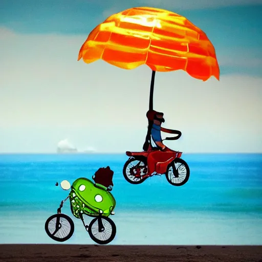 Prompt: a tiny motorbike, riding a bicycle, on the sea, on a giant turtle, eyes in the background