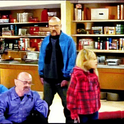 Image similar to a screenshot of Walter White in ICarly, low quality, vhs quality