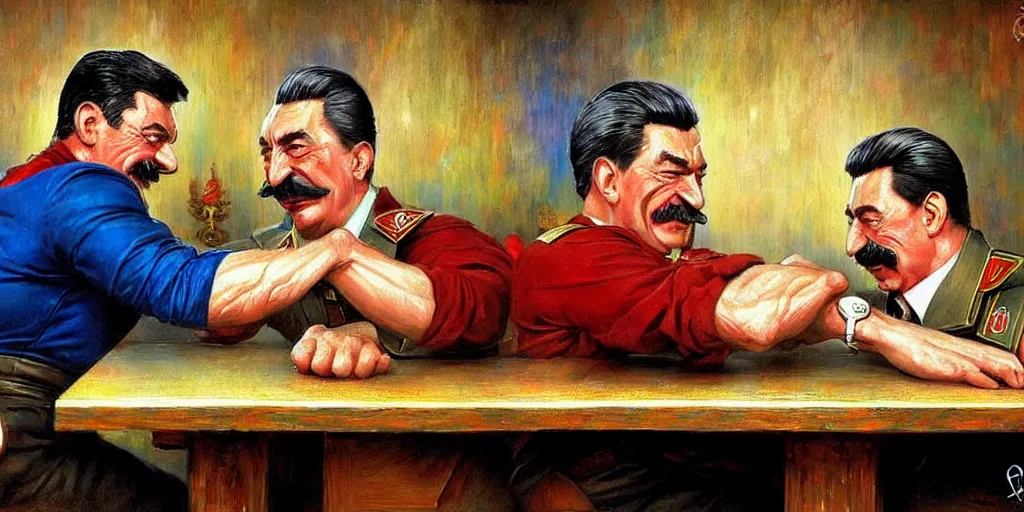 Image similar to arm wrestling between vladimit putin and iosif stalin, hyperrealistic, digital concept art, caricature illustration, art by gaston bussiere