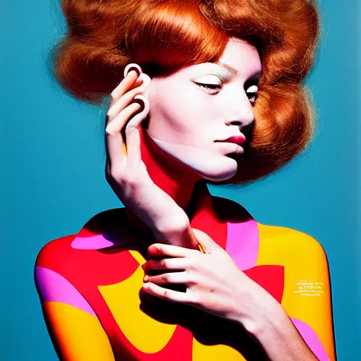 Image similar to a studio close - up portrait of a beautiful fashion model curls her hair, given herself a haircut. surreal photograph, lo - fi, polished look, silly and serious, hermes ad, fashion photography, toiletpaper magazine, 3 5 mm photograph, colourful, by pierpaolo ferrari, maurizio cattelan, david lachapelle
