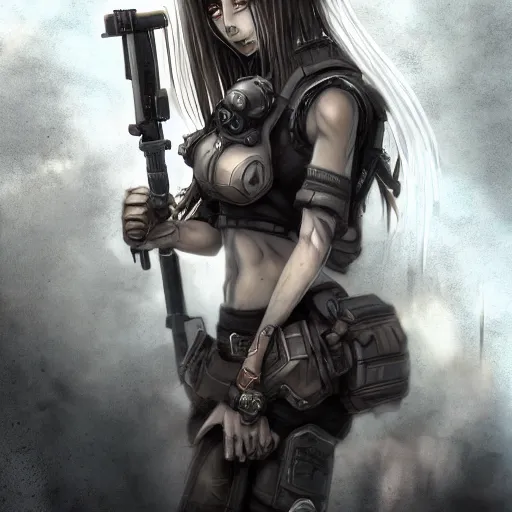 Image similar to anime beautiful female chimera, full round face, full body, post apocalyptic setting, futuristic, medium shot, mid-shot, highly detailed, trending on Artstation