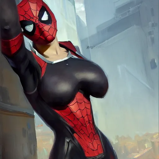 Image similar to greg manchess portrait painting of a dark female iron spiderman as overwatch character, medium shot, asymmetrical, profile picture, organic painting, sunny day, matte painting, bold shapes, hard edges, street art, trending on artstation, by huang guangjian, gil elvgren, ruan jia, greg rutkowski, gaston bussiere