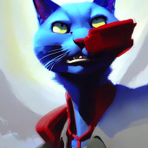 Image similar to blue cat eating red sable painting by eddie mendoza, greg rutkowski