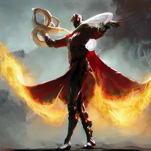 Image similar to Artwork by Craig Mullins, human size mantis mage in white cape casting fireball using a long magic stuff.