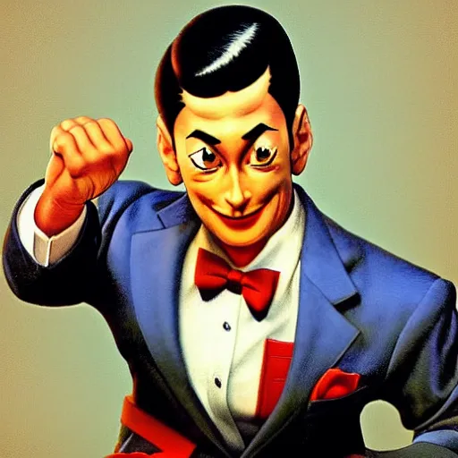 Image similar to ultra realistic pee wee herman as ryu from street fighter, painting by frank frazetta, 4 k, ultra realistic, highly detailed,